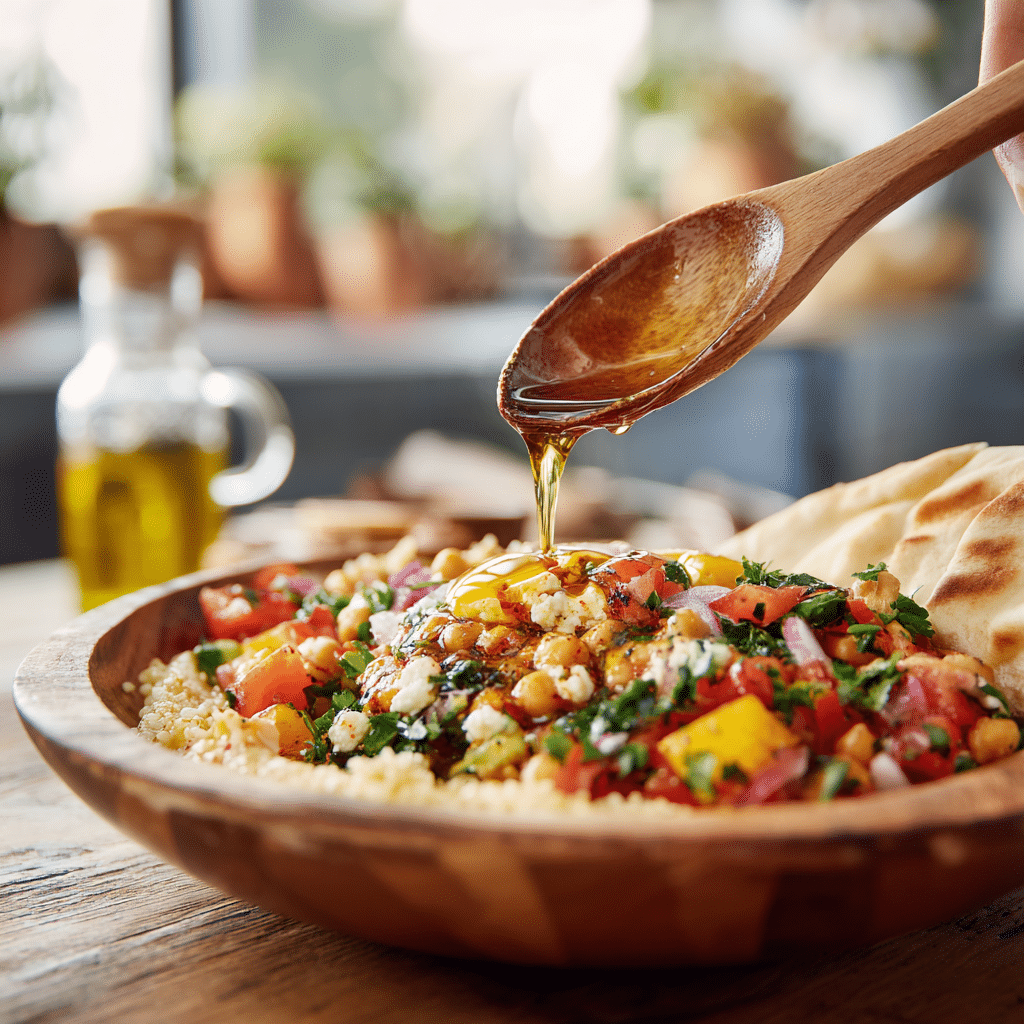mediterranean-bowl-serving Served Mediterranean Power Bowl with toppings and pita
