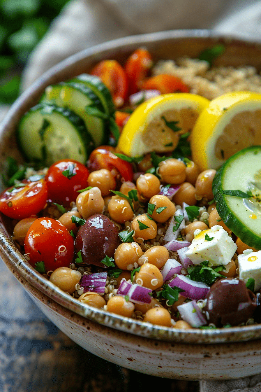 mediterranean-diet-bowl-closeup Mediterranean Diet Bowl with chickpeas, quinoa, and vegetables