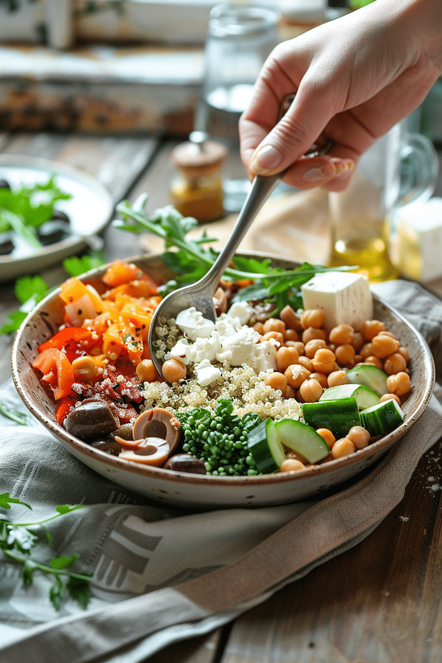 mediterranean-diet-bowl-serving Spoon scooping into a Mediterranean Diet Bowl