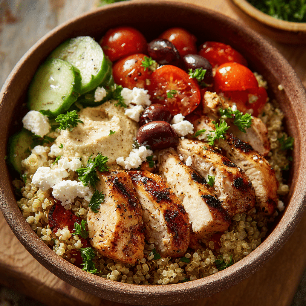 mediterranean-power-bowl-featured Mediterranean Power Bowl with quinoa, chicken, hummus, and veggies