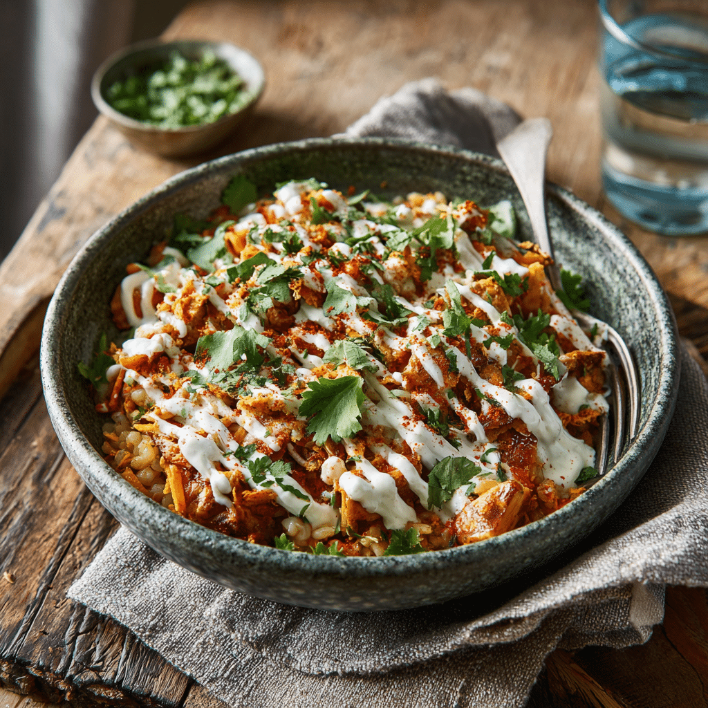 protein-bowl-rezept-serving Served Protein Bowl Rezept with toppings and ranch drizzle
