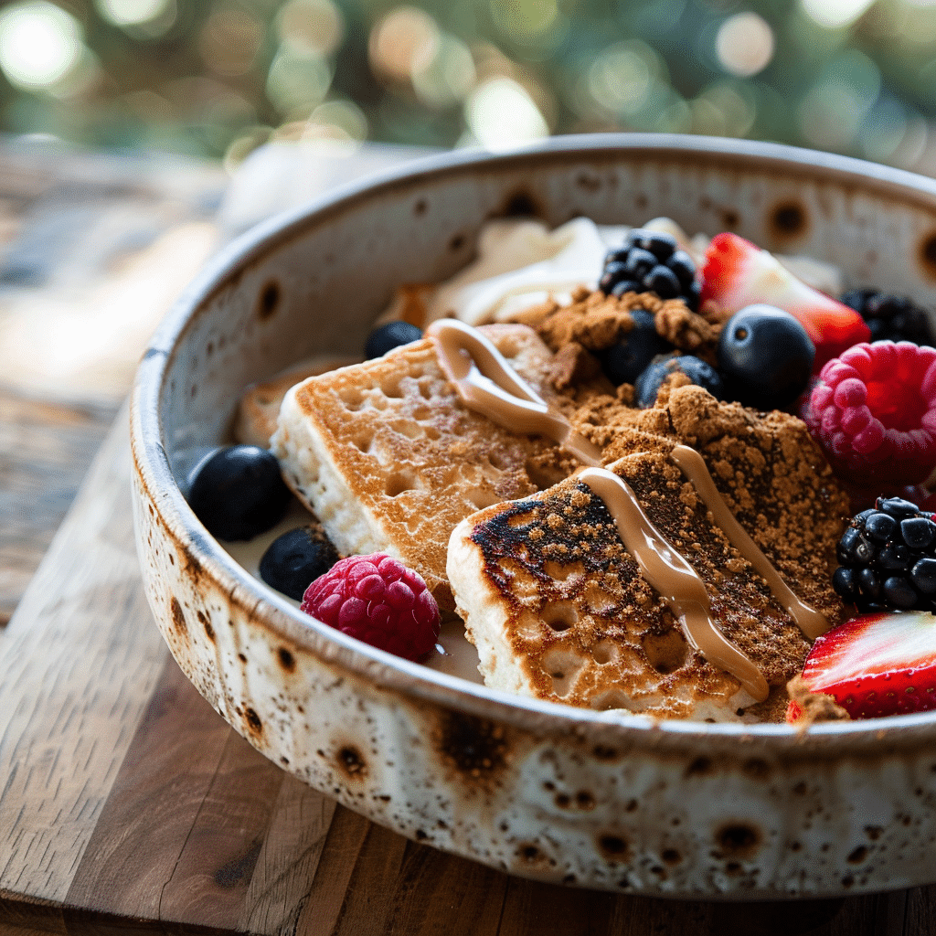 protein-pancake-bowl-hero Protein Pancake Bowl topped with Greek yogurt, berries, and almond butter