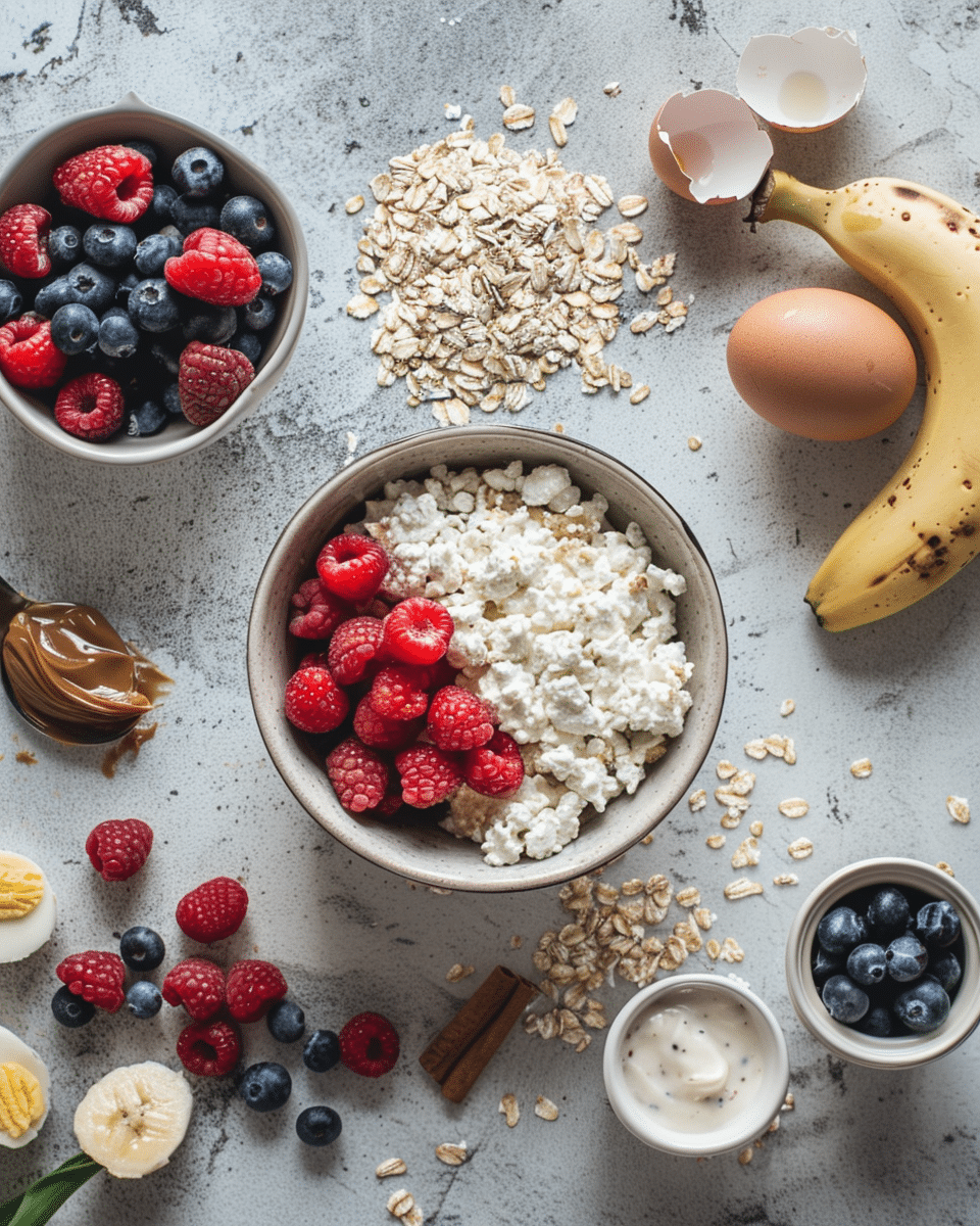 protein-pancake-bowl-ingredients Ingredients for protein pancake bowl including oats, cottage cheese, and berries