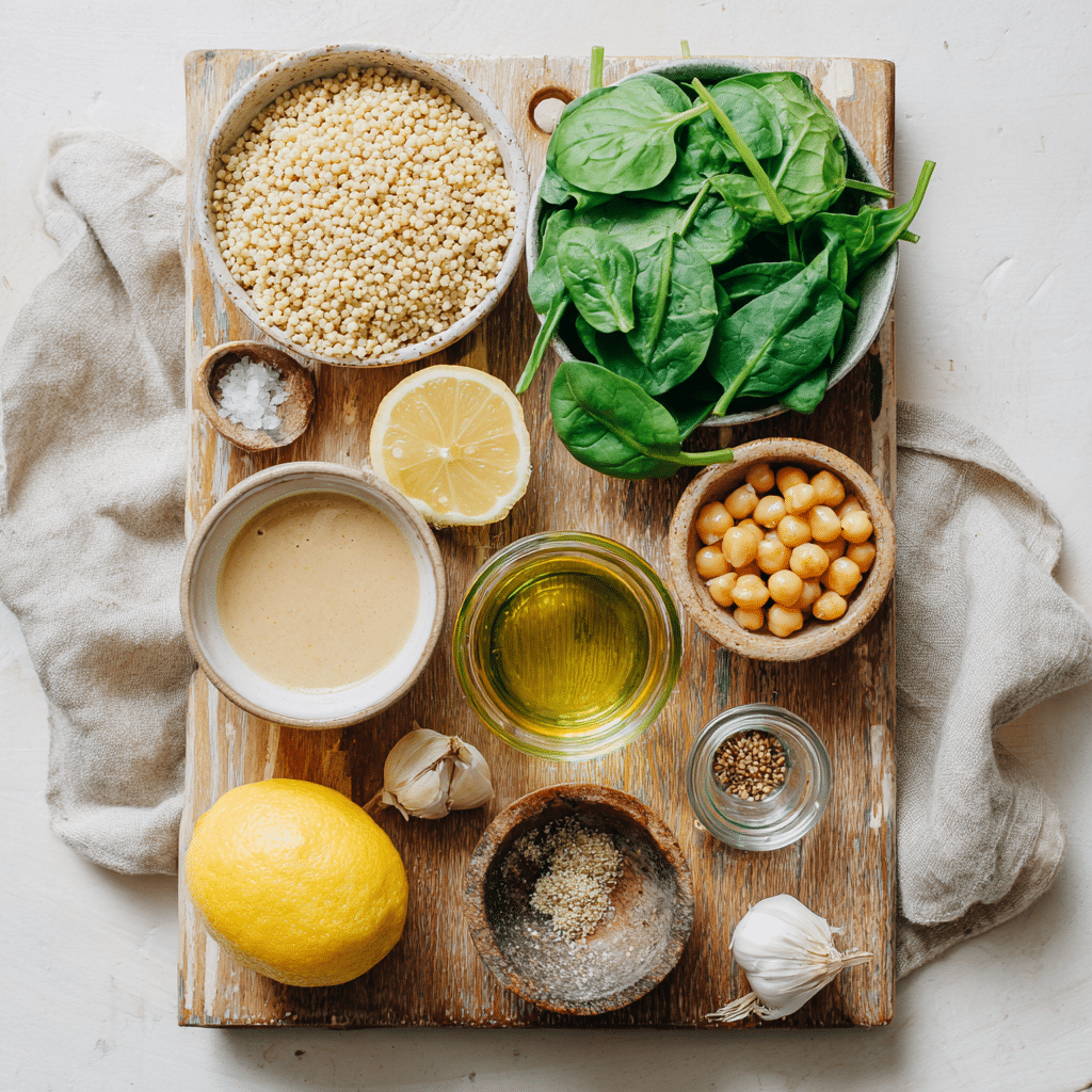 quinoa-protein-bowl-ingredients-flatlay Ingredients for quinoa protein bowls with roasted chickpeas and spinach