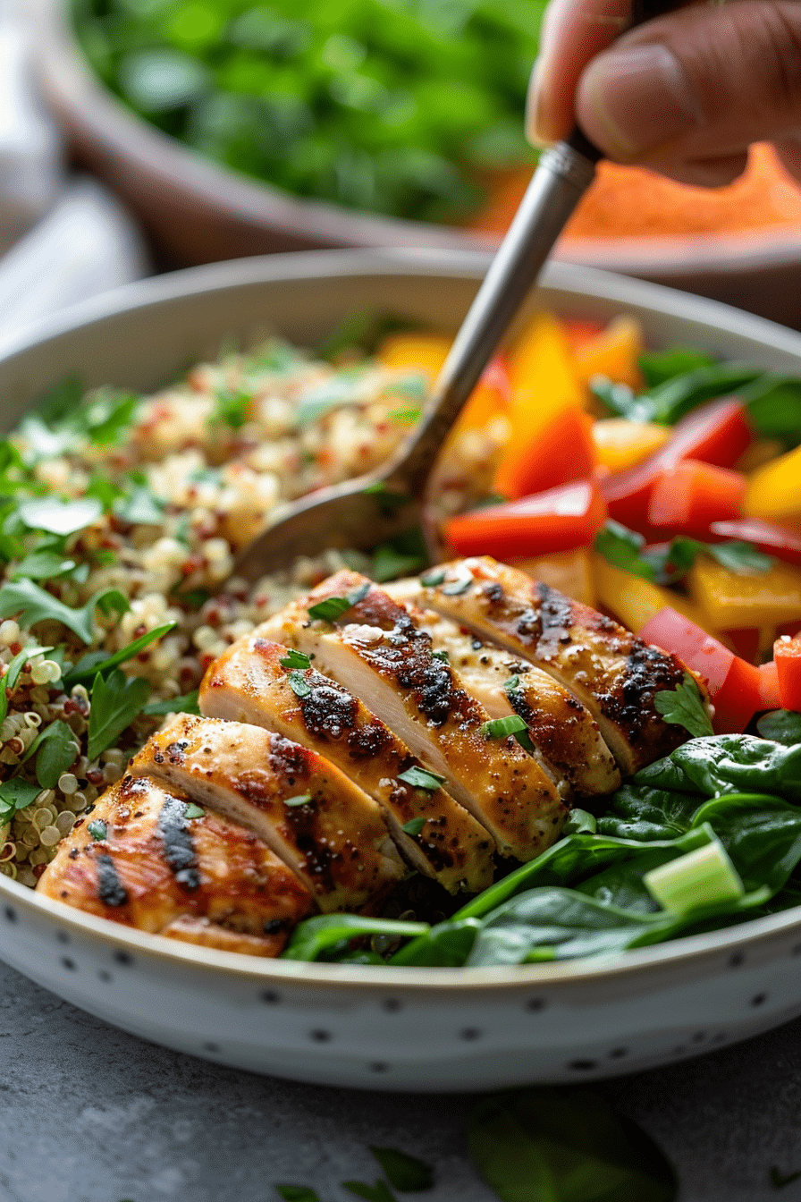 quinoa-protein-bowl-prep-step Hands assembling a quinoa protein bowl with chicken and vegetables Healthy Meal Prep