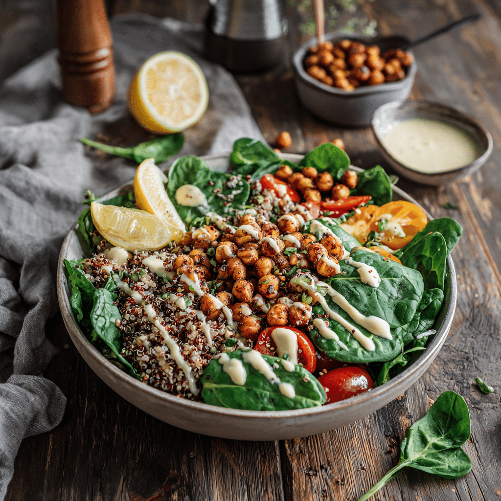 quinoa-protein-bowl-roasted-chickpeas-spinach Quinoa protein bowl with roasted chickpeas and spinach on rustic table