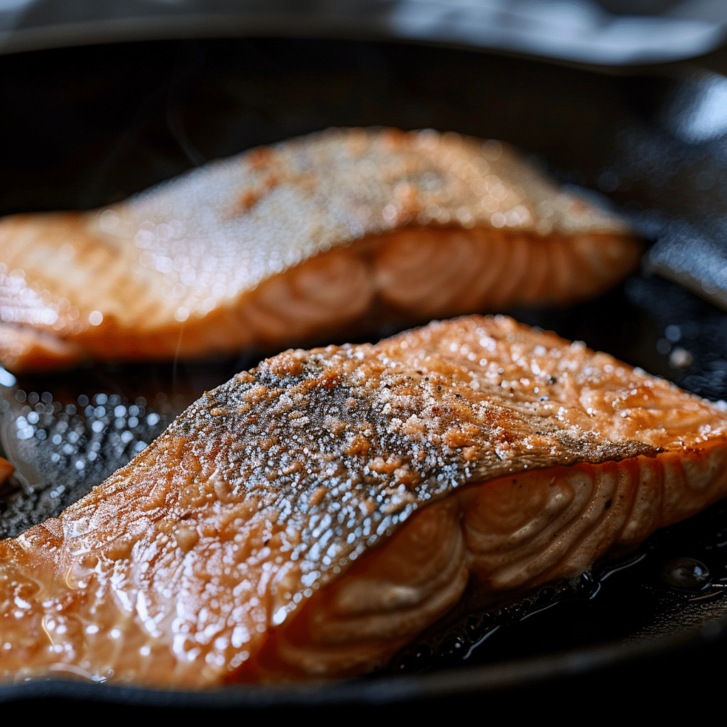 searing-salmon-step-image Crispy Salmon and Rice Bowl – CookTune skin crisping in hot skillet