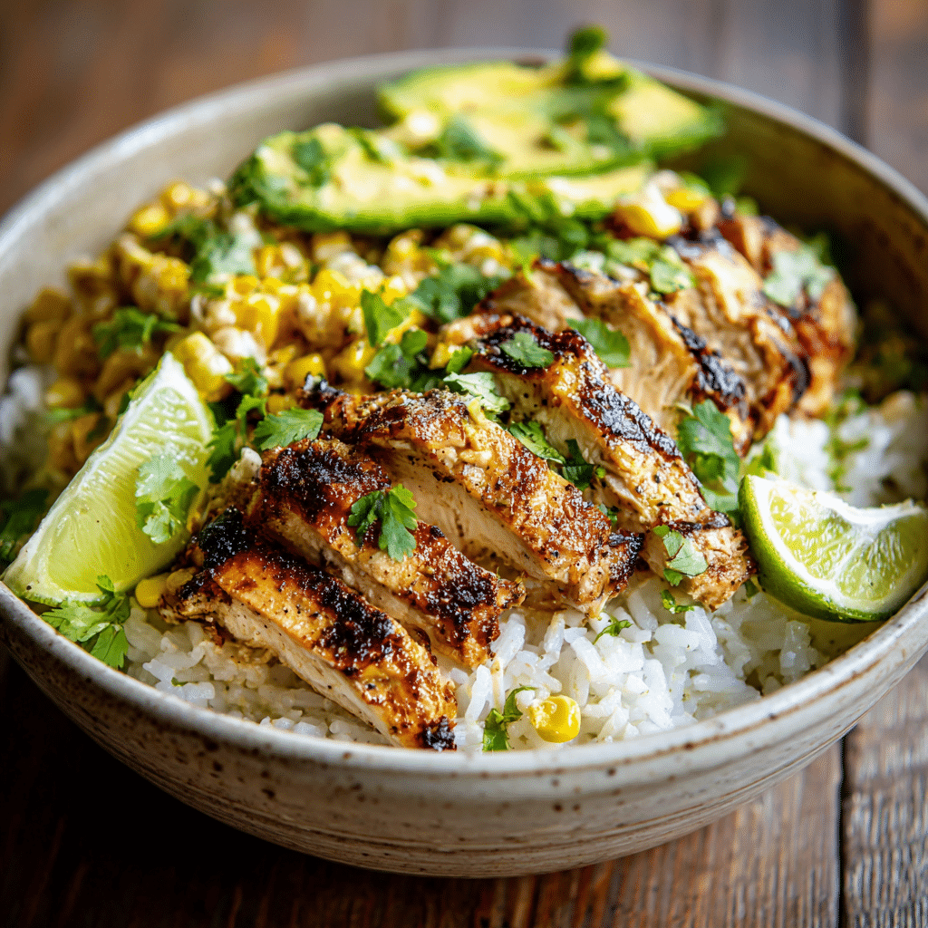 street-corn-chicken-bowl-feature Healthy Street Corn Chicken Rice Bowl with grilled chicken, corn, avocado, and rice