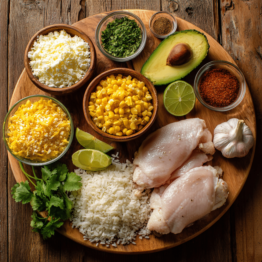 street-corn-chicken-ingredients Ingredients for Healthy Street Corn Chicken Rice Bowl on rustic board