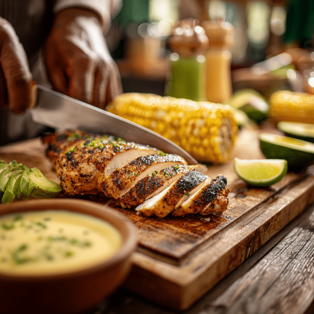 street-corn-chicken-prep Slicing grilled chicken for Healthy Street Corn Chicken Rice Bowl
