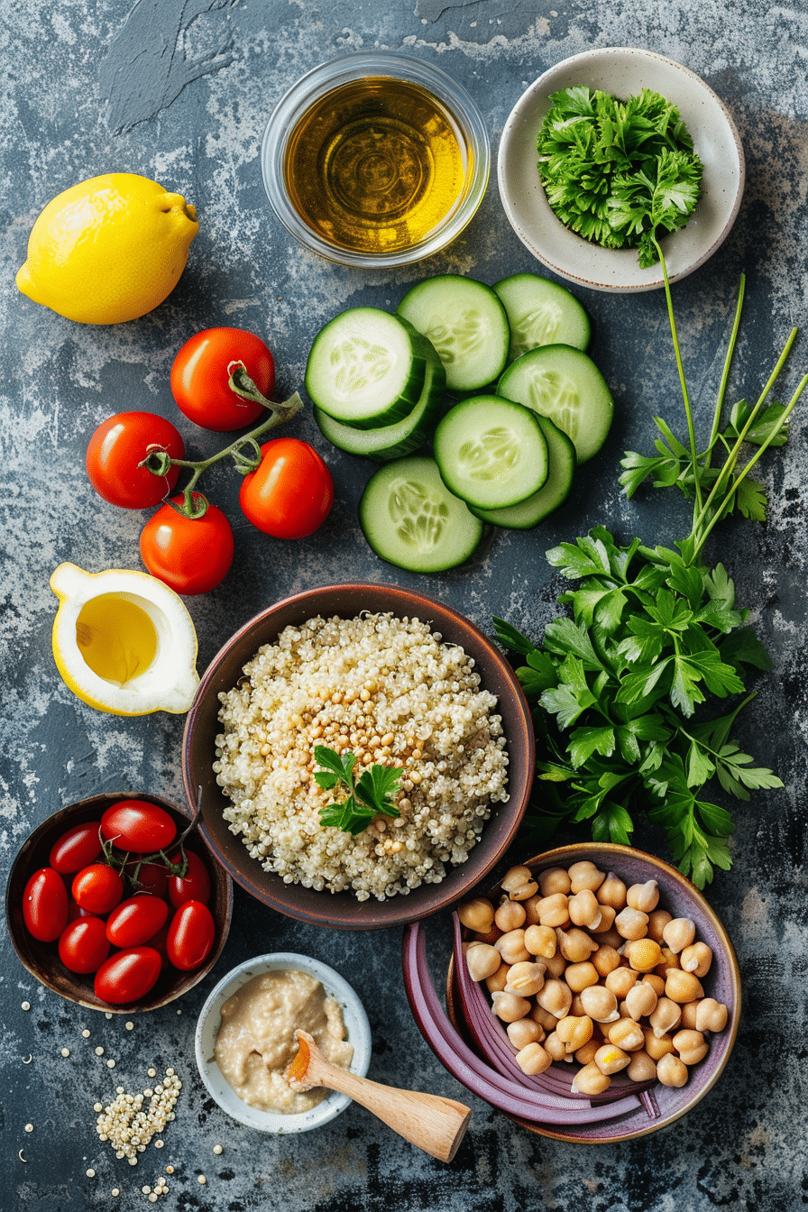 vegetarian-bowl-ingredients Flat lay of fresh ingredients for a Vegetarian-Friendly Bowls