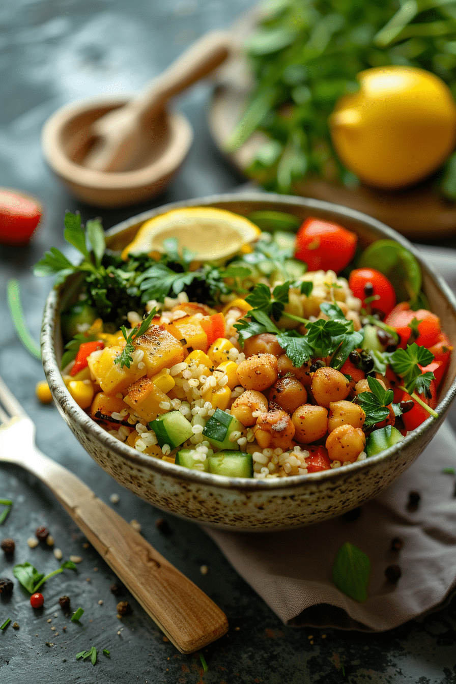 vegetarian-bowl-served Served Vegetarian-Friendly Bowls with lemon wedge and herbs