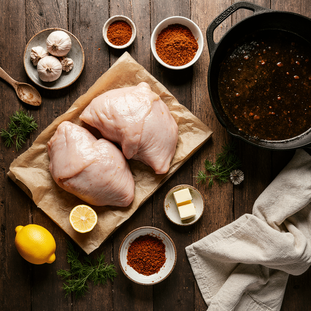 butter-chicken-ingredients-flatlay (2) Ingredients for butter chicken skillet laid out on a wooden surface