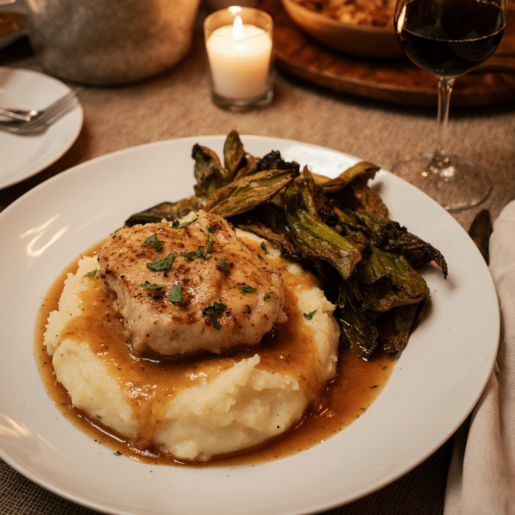 butter-chicken-serving-plate (2) Butter chicken served over mashed potatoes with veggies
