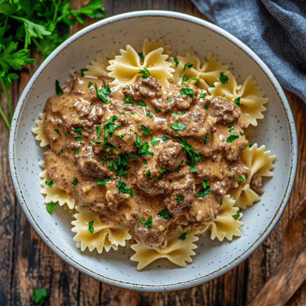 creamy bowtie pasta with beef sauce one pot in bowl