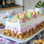Easter Bunny Poke Cake: The Ultimate Fun and Festive Spring Dessert 2 Finished Easter Bunny Poke Cake on platter with Easter decorations