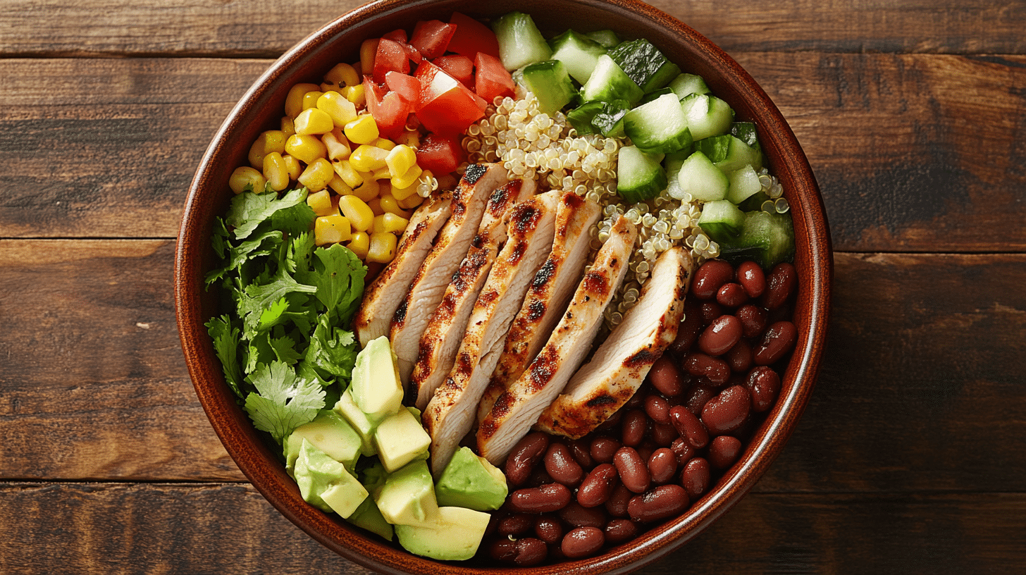 High protein taco bowl in ceramic bowl with grilled chicken and fresh toppings