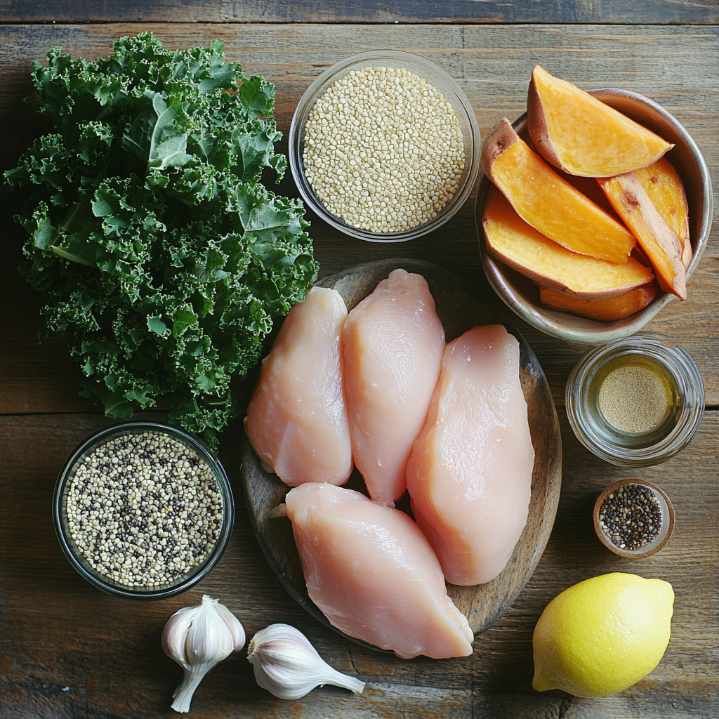 protein-bowl-ingredients-flatlay Protein bowl ingredients including quinoa and chicken