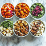 Protein Bowls 4 Colorful variety of protein bowls on kitchen counter