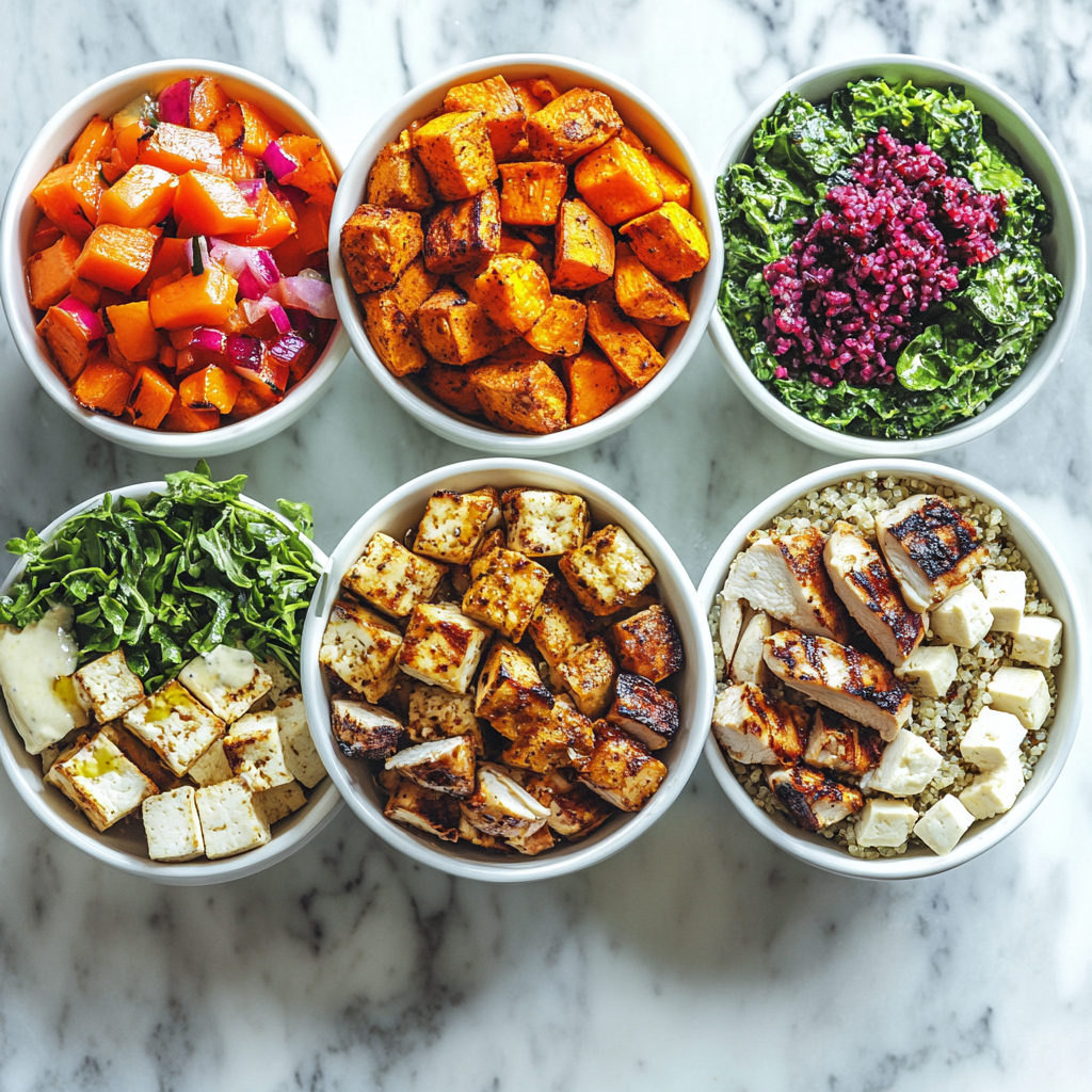 Protein Bowls 3 Colorful variety of protein bowls on kitchen counter