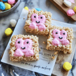 Rice Crispy Treats with Peeps – Easy, Colorful, & Kid-Approved Dessert 2 Peeps treats next to recipe card