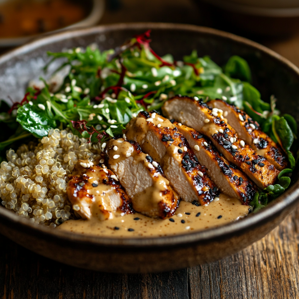 served-protein-bowl-with-tahini Served protein bowl with chicken, quinoa, and veggies