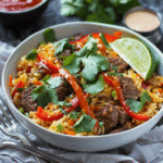 Healthy Beef and Pepper Rice Bowl – Quick, Colorful, and Protein-Packed 2 Served beef and pepper rice bowl with toppings