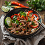 Healthy Beef and Pepper Bowl – Quick, Colorful, and Protein-Packed 2 Served healthy beef and pepper bowl with garnishes