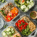 Meal Prep Protein Bowls: High‑Protein Recipes Made Easy 2 Four meal prep protein bowls with beef, salmon, chicken, and chickpeas
