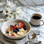 🥞 Protein Pancake Bowl – Cozy, High-Protein Start to Your Day 2 Protein pancake bowl served with coffee and napkin on rustic table