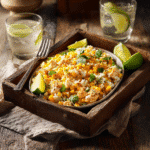 Healthy Street Corn Chicken Rice Bowl Recipe 2 Healthy Street Corn Chicken Rice Bowl served on a tray with lime and drink