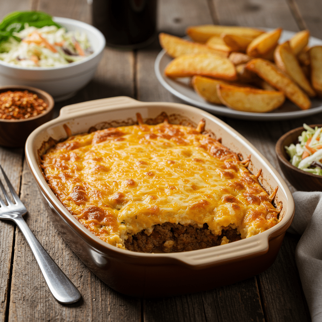 Cheeseburger casserole served with classic burger sides Cheeseburger casserole served with classic burger sides