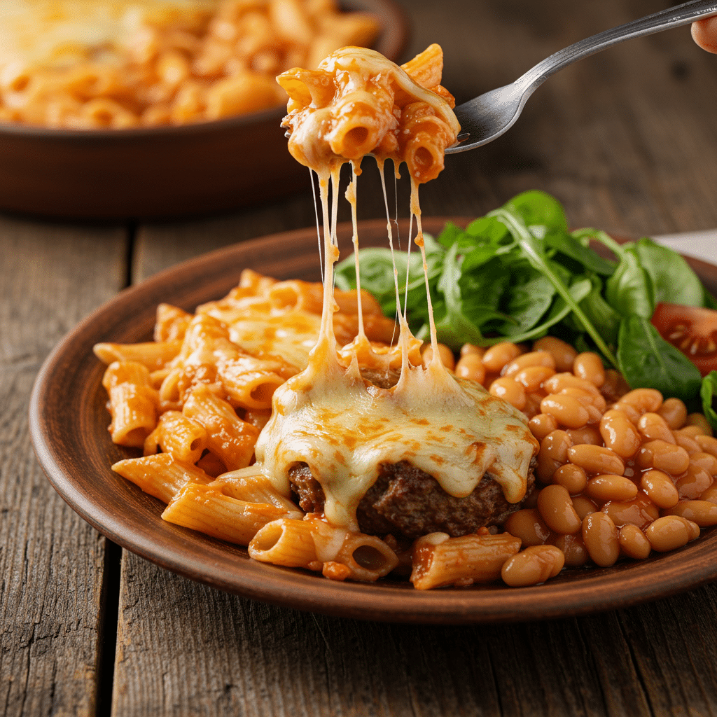Cheeseburger pasta served with salad and baked beans Cheeseburger pasta served with salad and baked beans
