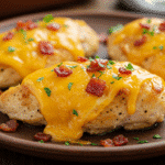 Baked Crack Chicken Breasts 5 Overhead close-up of baked crack chicken breasts smothered in melted cheese and bacon, garnished with herbs on a rustic plate