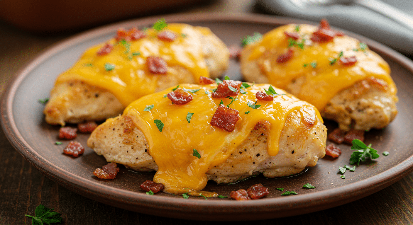 Overhead close-up of baked crack chicken breasts smothered in melted cheese and bacon, garnished with herbs on a rustic plate