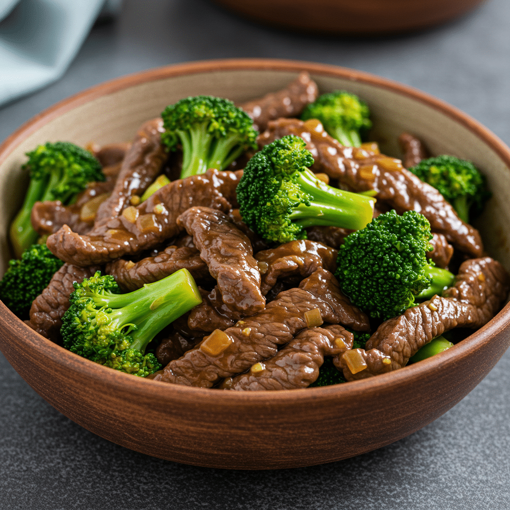 Chinese Beef and Broccoli (One Pan Take-Out) 1 Overhead close-up of beef and broccoli in glossy sauce served in a rustic ceramic bowl with chopsticks nearby