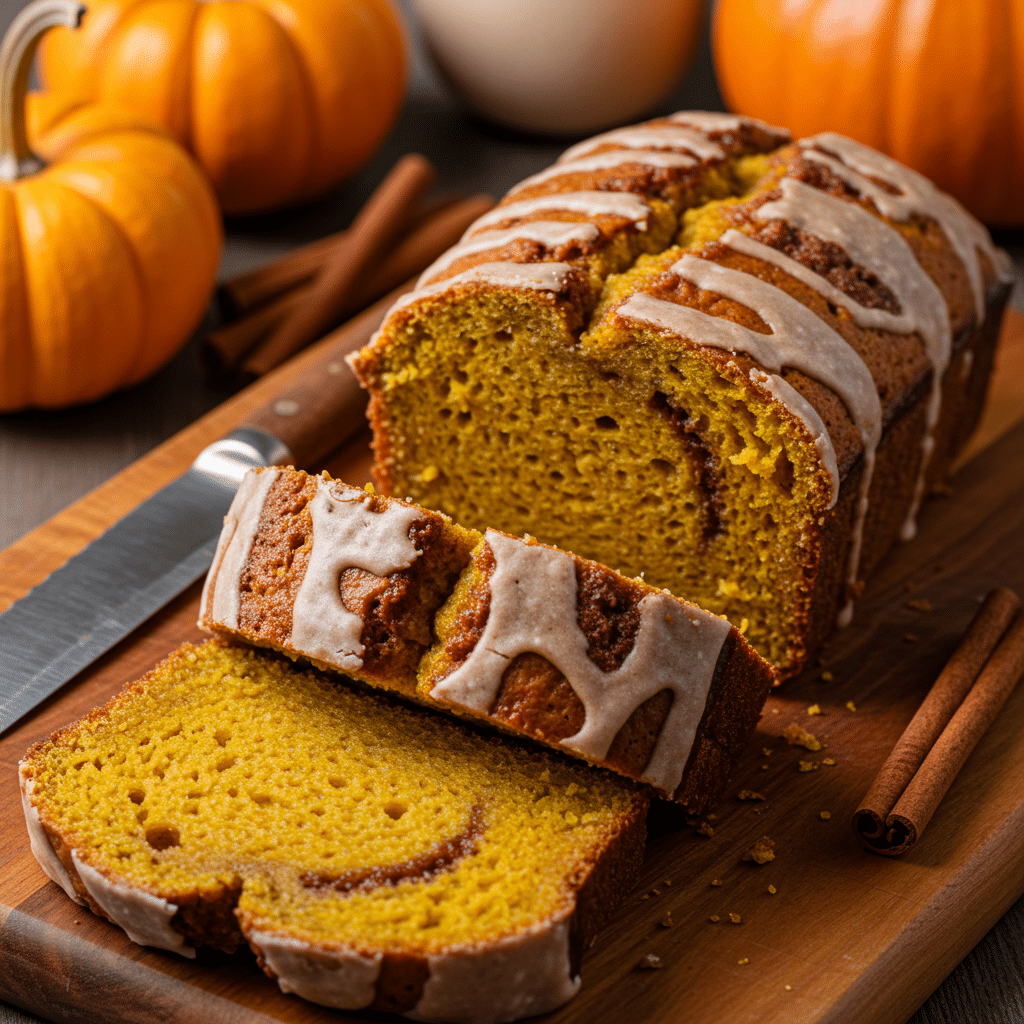 Cinnamon Bread – Cozy, Sweet, and Perfect Fall Bread 4 Cinnamon bread pumpkin loaf sliced with cinnamon swirl on rustic board