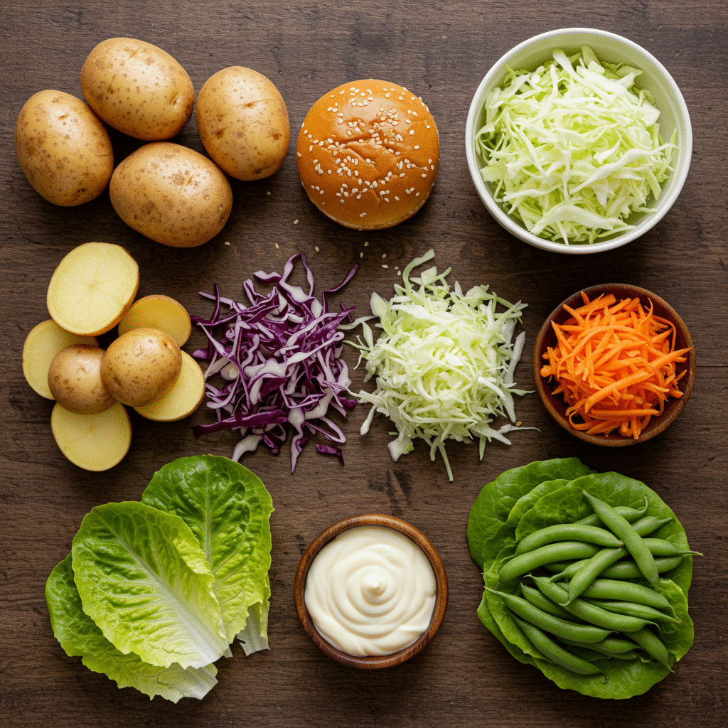 Flat lay of ingredients for cheeseburger casserole sides Flat lay of ingredients for cheeseburger casserole sides