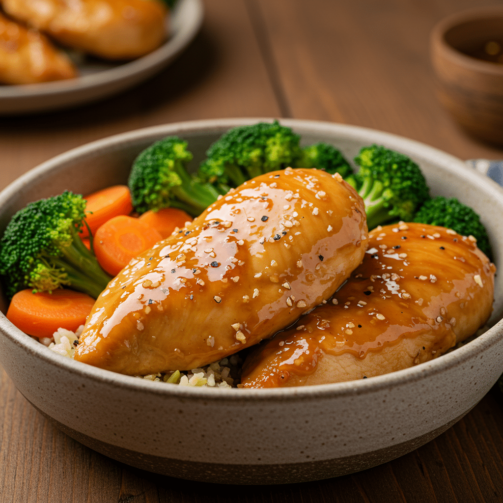 Honey Garlic Chicken Breasts 1 Golden honey garlic chicken breasts glistening in sauce, plated with colorful steamed veggies in a rustic ceramic bowl, perfect for a quick dinner.