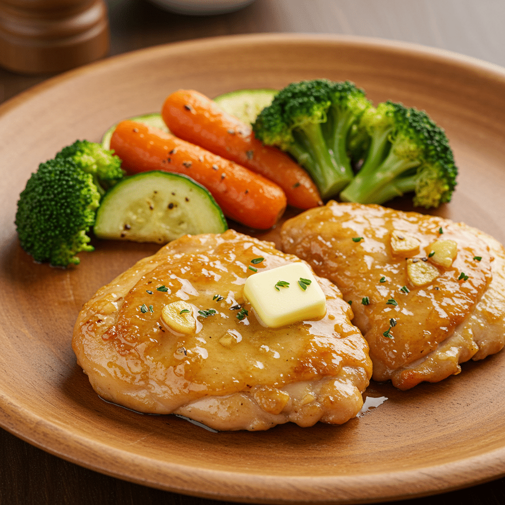 Garlic Chicken with Butter Sauce 4 Juicy garlic butter baked chicken breast with golden edges, plated with herbs and veggies in a rustic ceramic dish.