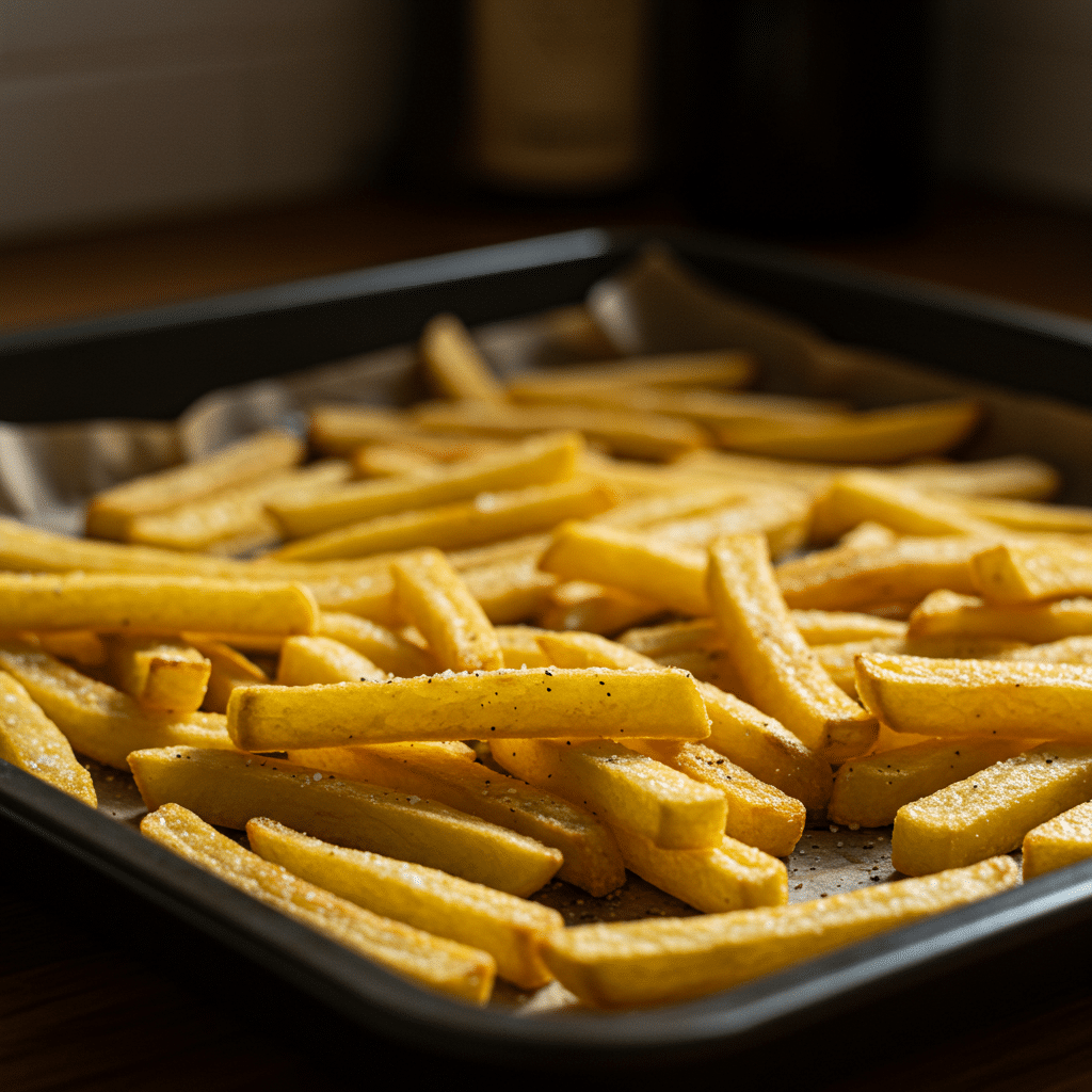Oven fries baking for cheeseburger pasta dinner Oven fries baking for cheeseburger pasta dinner