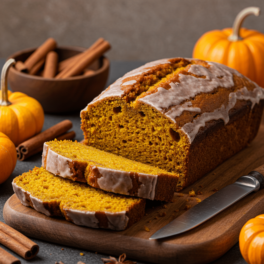 Moist pumpkin bread loaf with golden crust, sliced on rustic board