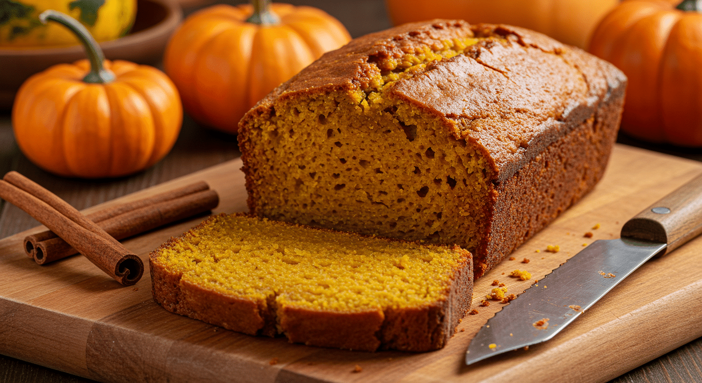 Moist pumpkin loaf sliced on rustic board
