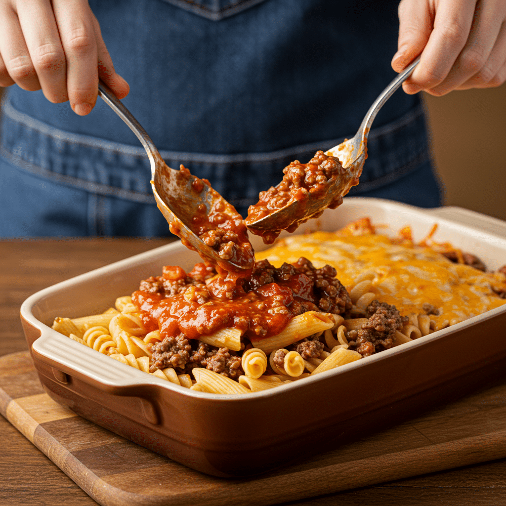 cheeseburger-casserole-assembly cheeseburger casserole assembly