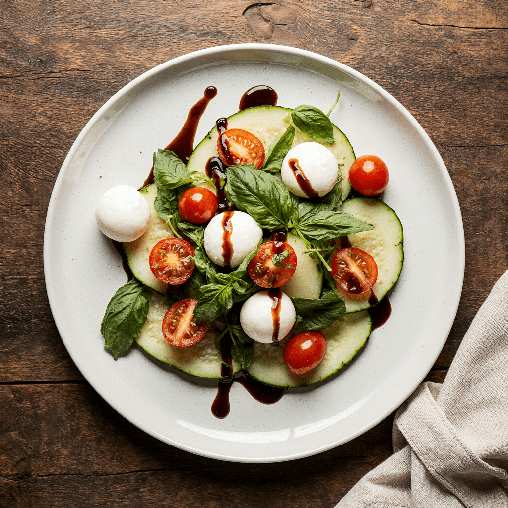 cucumber-caprese-salad-featured Flat lay of cucumber Caprese salad with mozzarella, tomatoes, and basil