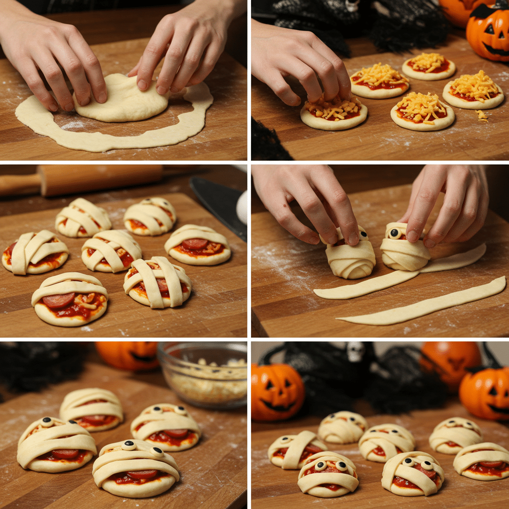 halloween-mummy-hotdogs-prep Wrapping dough around hot dogs to make mummy appetizers