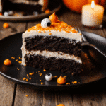 Black Velvet Halloween Cake – Easy, Fresh & Delicious 5 “Close-up of Black Velvet Halloween Cake slice on a rustic black plate, dark rich chocolate layers, creamy frosting, decorated with orange sprinkles and candy eyes, cozy autumn candlelight, blurred wooden farmhouse table, ultra sharp