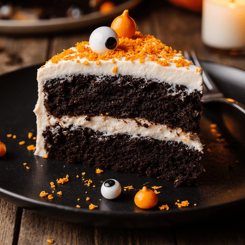 Black Velvet Halloween Cake – Easy, Fresh & Delicious 4 “Close-up of Black Velvet Halloween Cake slice on a rustic black plate, dark rich chocolate layers, creamy frosting, decorated with orange sprinkles and candy eyes, cozy autumn candlelight, blurred wooden farmhouse table, ultra sharp