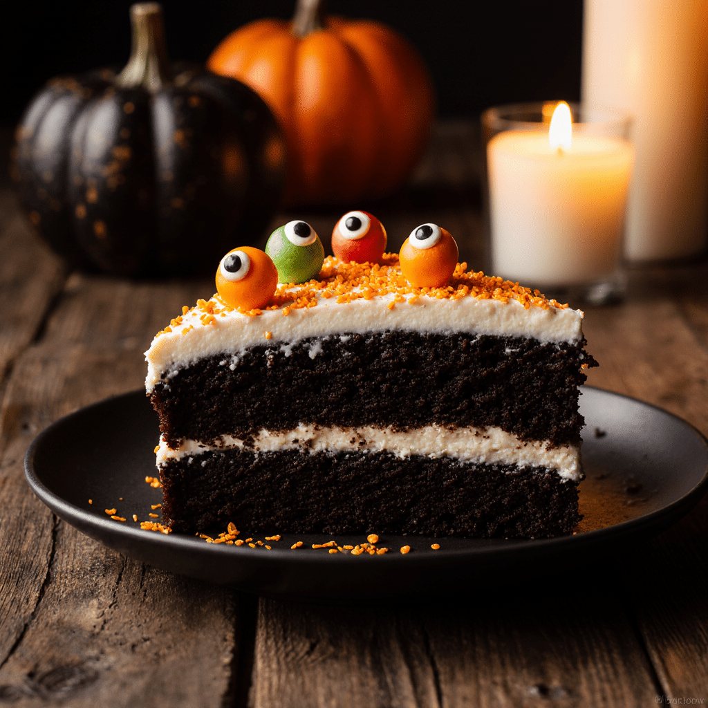 “Close-up of Black Velvet Halloween Cake slice on a rustic black plate, dark rich chocolate layers, creamy frosting, decorated with orange sprinkles and candy eyes, cozy autumn candlelight, blurred wooden farmhouse table,