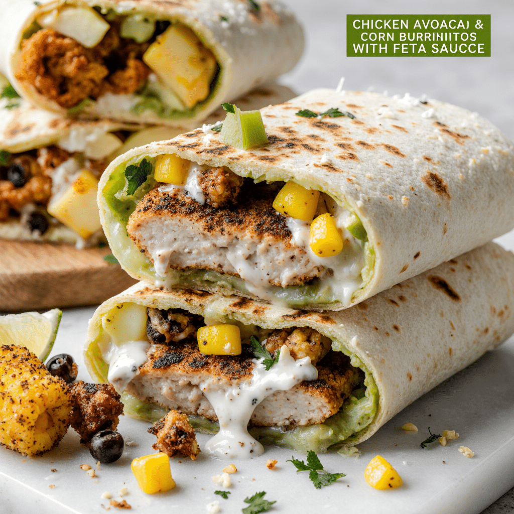 Chicken avocado burrito on wooden board